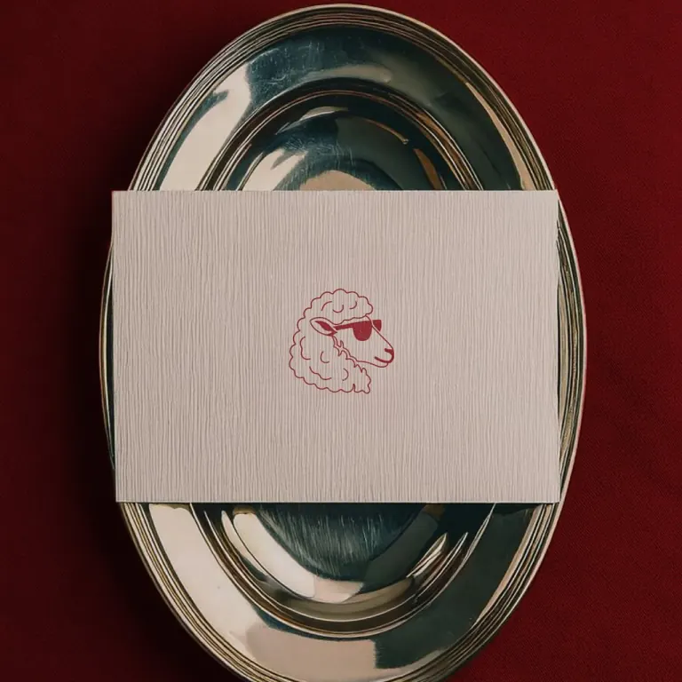 A Shorn business card with the sheep mascot resting on a silver tray